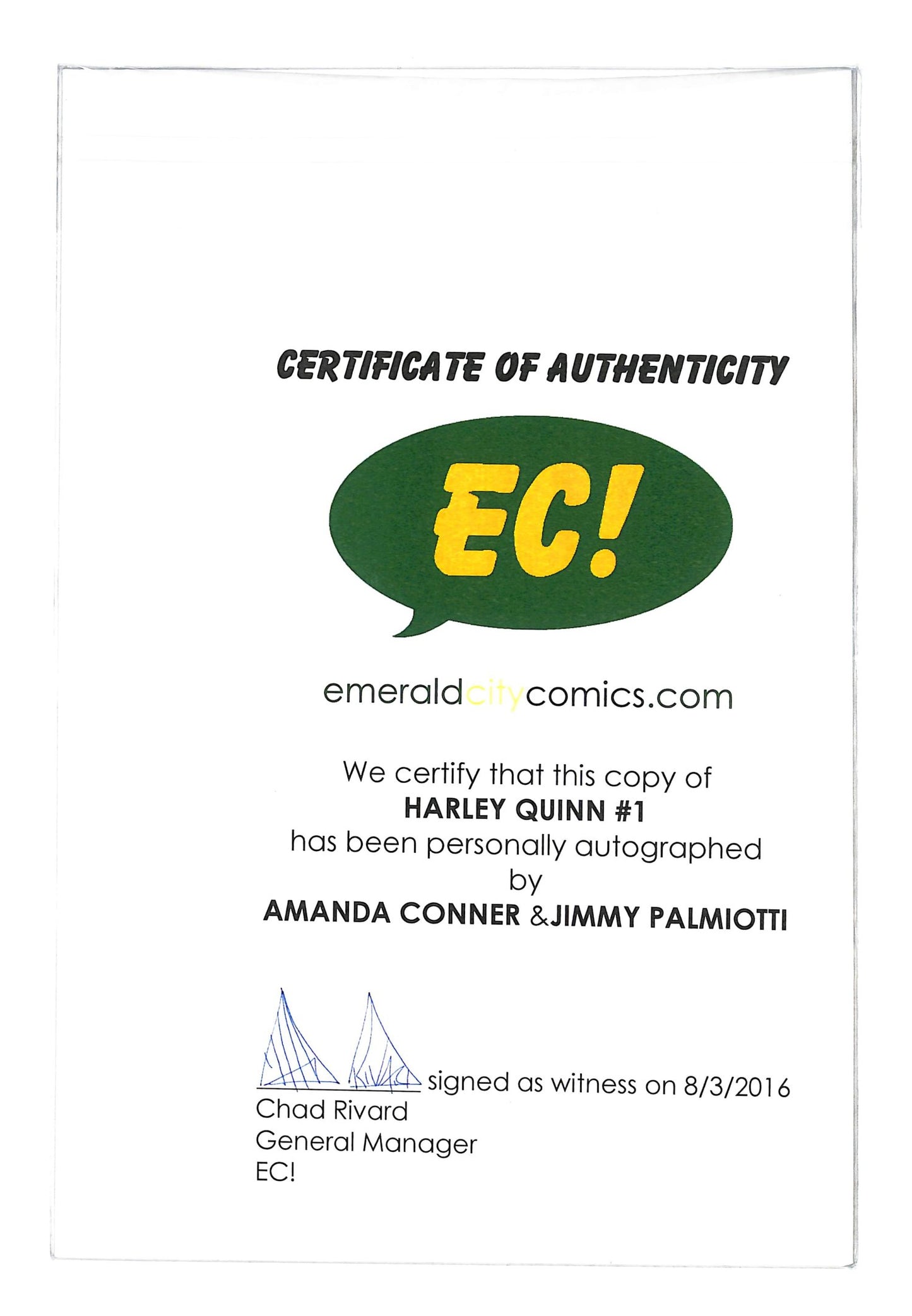Harley Quinn 2016 #1 Emerald City Comics Amanda Conner Color Cover Signed by Amanda Conner & Jimmy Palmiotti - back issue - $60.00