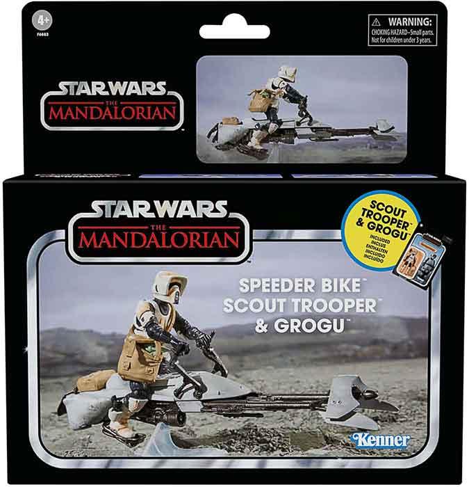 SW VINTAGE 3-3/4IN MAND SPEEDER BIKE W/TROOPER & GROGU